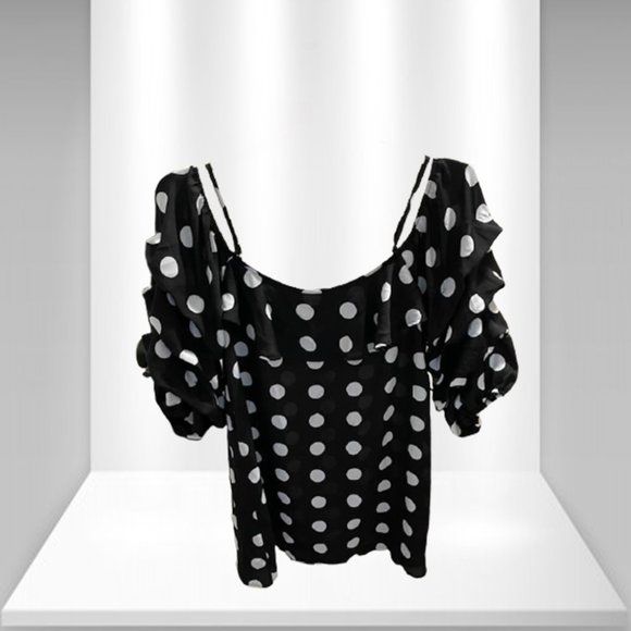Ups & Down Women's Ladies Block Spot Print Layered Sleeve Black Blouse - Picture 1 of 7